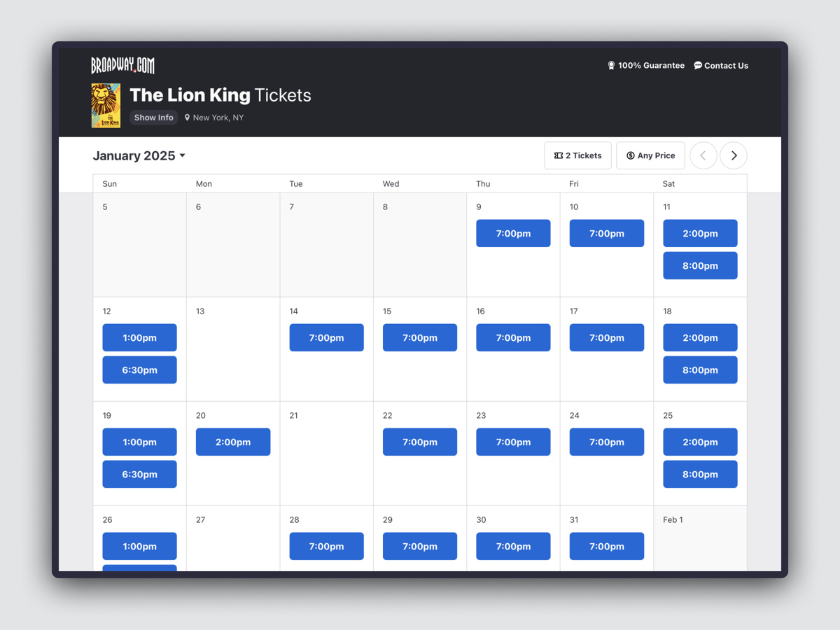 Screenshot of The Lion King calendar on Broadway.com