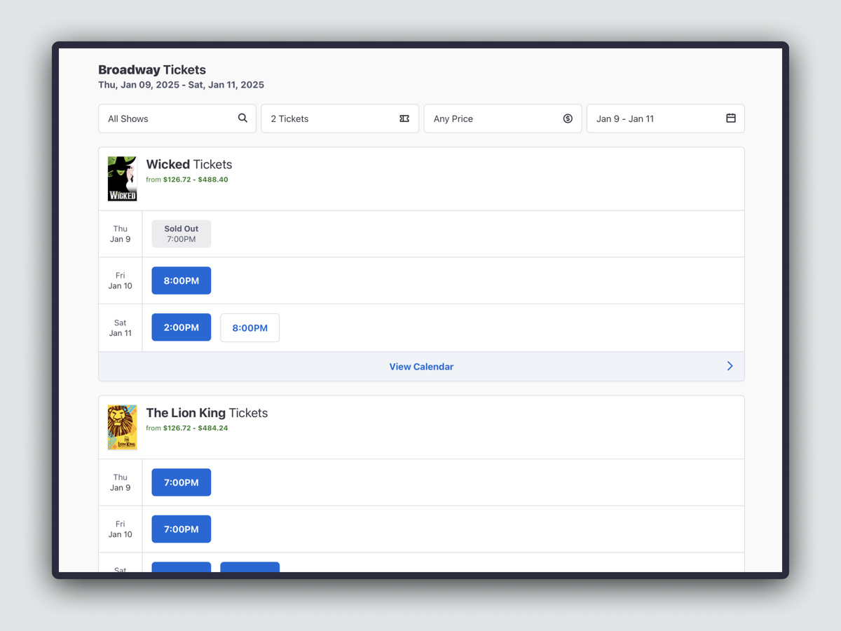 Screenshot of Broadway Tickets By Date screen on Broadway.com
